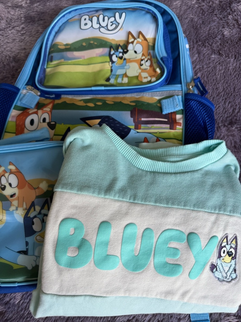 Bluey Backpack Lunch Box + Shirt & Sweatshirt Bundle Girls 8/10